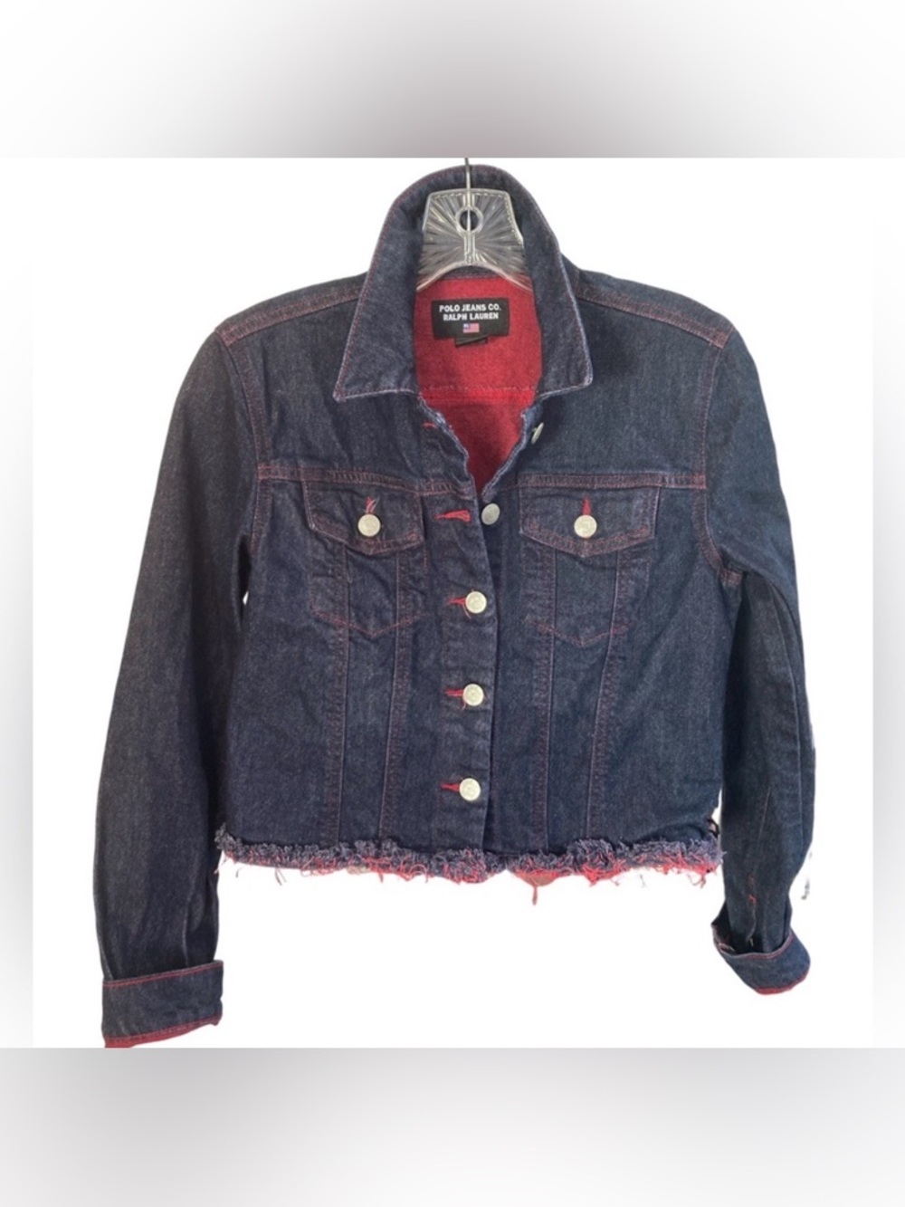 Polo Jeans Co Ralph Lauren Cropped Raw Edge Denim Jacket Red Interior Small EUC